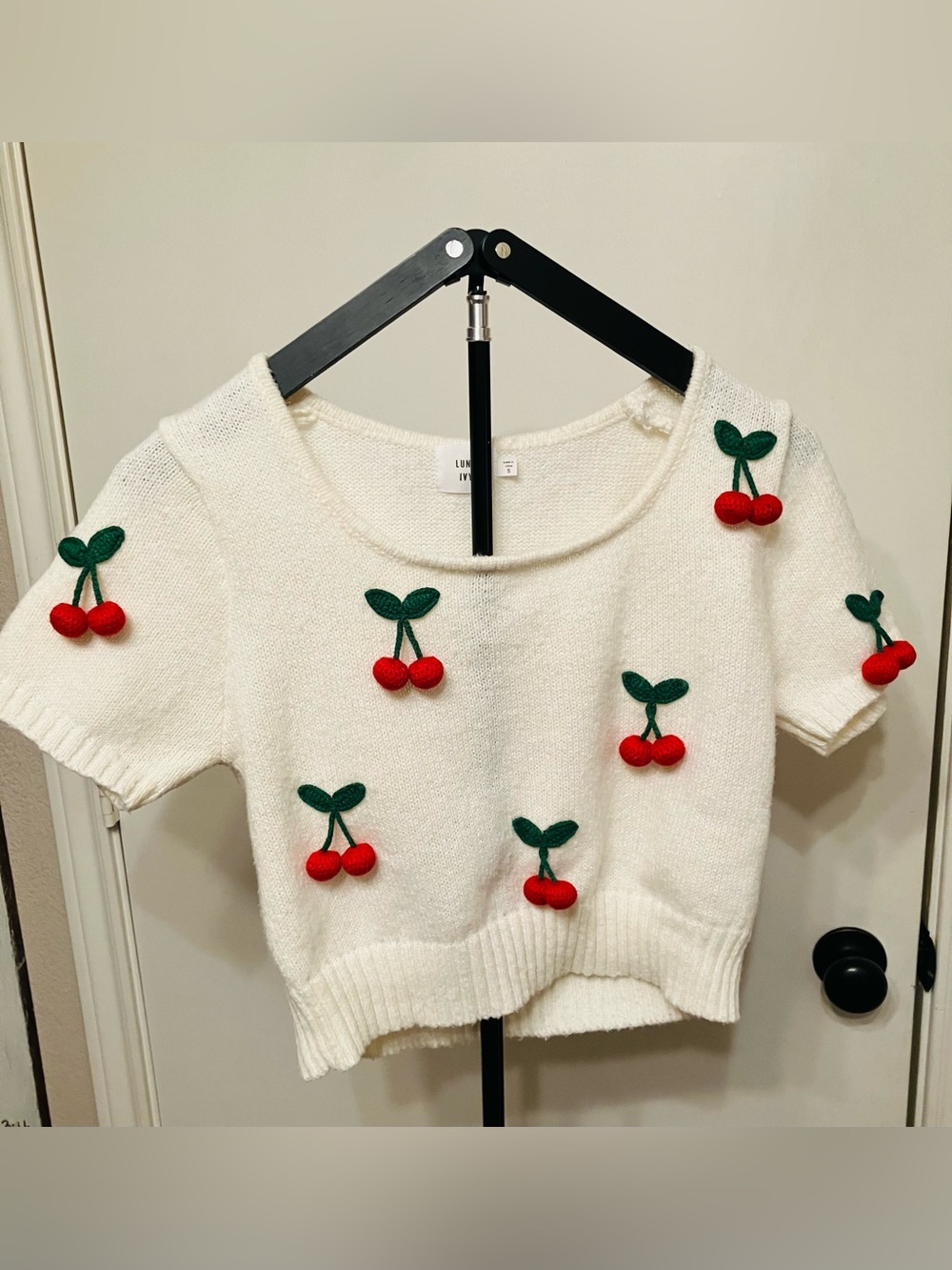 Luna Ivy White Cherry 3D Pom Pom Knit Cropped Short Sleeve Sweater Shirt - Small